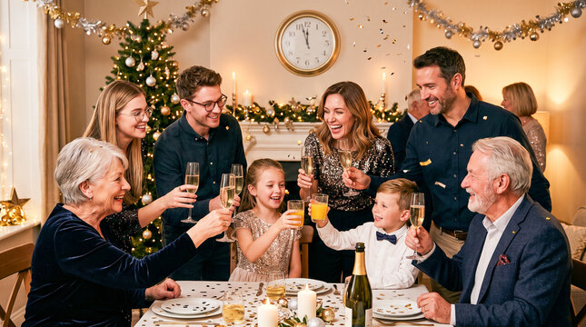Familia multigeneracional celebrando la Nochevieja junta, brindando por el nuevo a&ntilde;o en un ambiente elegante, c&aacute;lido y festivo.