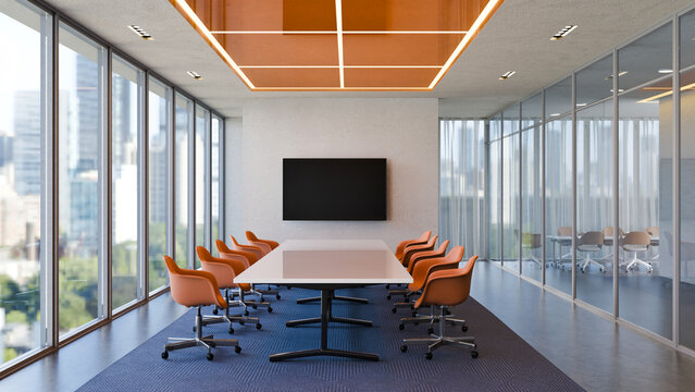 3D Illustration of Modern Corporate Conference Room Workspace with Orange Chairs, White Table, and City View