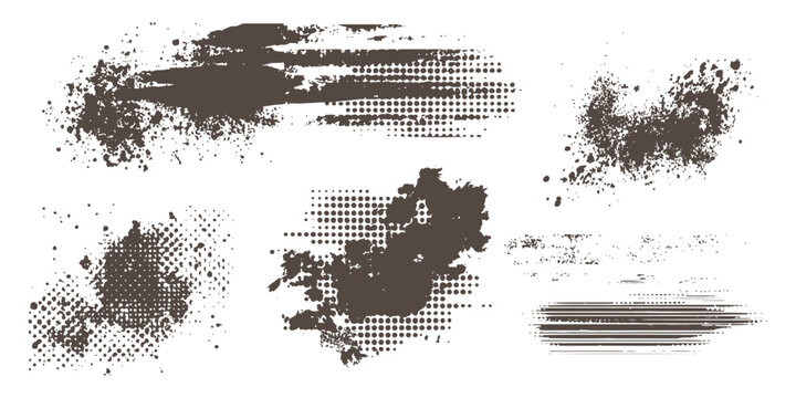Abstract halftone grunge paint brush strokes and ink splatters collection vector illustration.
