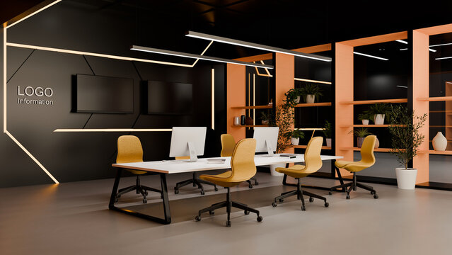 3D Illustration of Modern Office Workspace with Yellow Chairs, Computers, and Stylish Black and Orange Interior Design