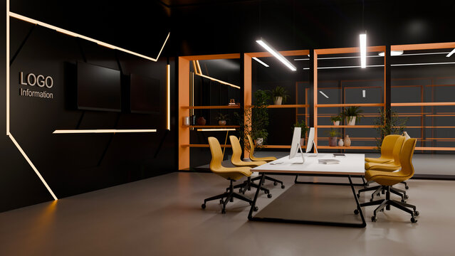 3D Illustration of Modern Dark Office Workspace with Yellow Chairs, White Desk, Computer Monitor, and Glowing LED Accent Lighting