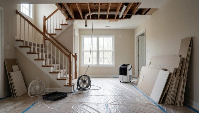 Empty room construction has wooden staircase white railings handrail walls painted light beige color there lar