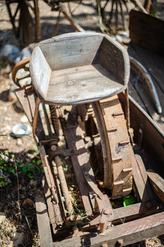 Rustic Weathered Wooden Hopper of an Old Farm Equipment in Sunlight