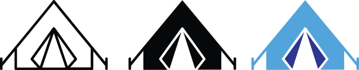 Camping tent icon set vector line art silhouette and flat design elements for outdoor adventure © AYESHA