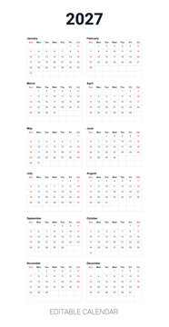 2027 Calendar, Minimal Yearly Organizer with Two Column Monthly Layout and Printable Design