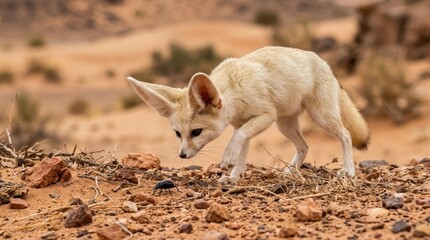Fototapeta premium A curious fennec fox observing a small black beetle on the arid sandy ground of the Sahara desert