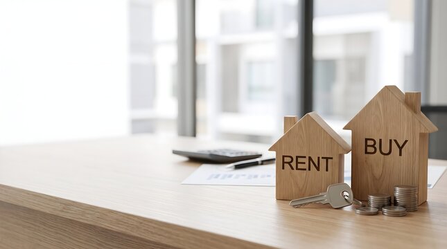 Wooden house models showing rent and buy options