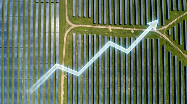 Solar panels with upward growth arrow concept