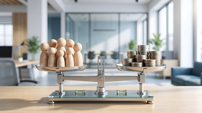 Balance scale with people and coins concept