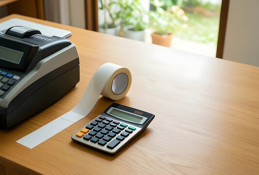 Accounting and financial planning, calculator and adding machine with paper tape on wooden desk for tax preparation and small business bookkeeping