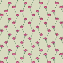 Minimalist vertical vine seamless pattern with small pink Lotus flowers on light olive beige background for subtle stationery and fabric. © Meyto Elements