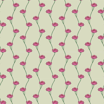 Minimalist vertical vine seamless pattern with small pink Lotus flowers on light olive beige background for subtle stationery and fabric.