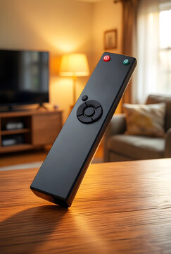 Home entertainment and smart living, remote control standing on a wooden table in a cozy living room with blurred background for media technology