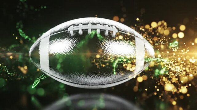 Cinematic Close-Up Shot of Metallic Silver and Black American Football Floating in Midair with Glowing Green and Gold Sparkle Dust Particles Against Dark Background