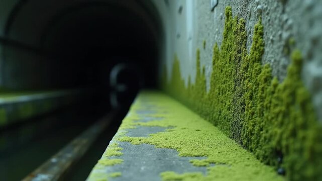 Moss growing along concrete tunnel wall and ledge Technology Concept