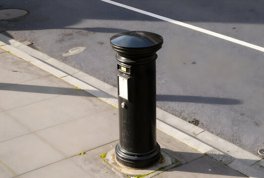 Postal service and communication concept, vintage black pillar box on a city sidewalk for mail collection and traditional correspondence in urban areas