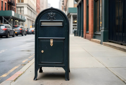 Communication and postal service, vintage metal mailbox on a city sidewalk for mail delivery and correspondence in an urban neighborhood street setting