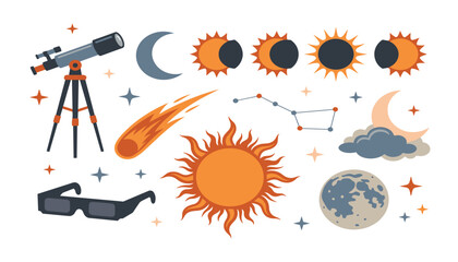 Solar eclipse vector elements set featuring telescope sun moon phases comet constellation stars and protective viewing glasses icon © raju