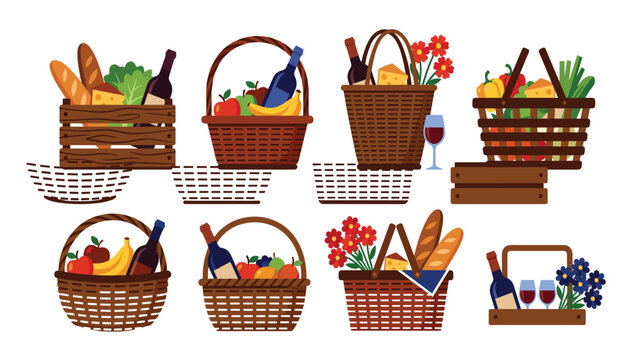Wooden picnic basket vector element set with wine bottles fresh fruits cheese bread baguettes and flowers illustration