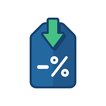 Blue price tag with green downward arrow and percent.