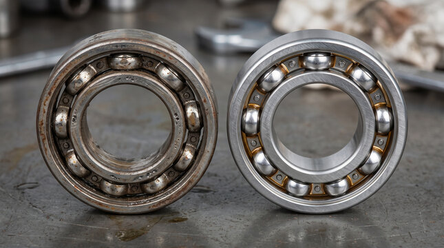 Old worn and new shiny steel ball bearing comparison showing contrast and mechanical improvement, industrial maintenance and repair work