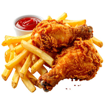 Crispy golden fried chicken drumsticks with french fries and tomato ketchup sauce isolated on white background. High-quality studio food photography for fast food menu.