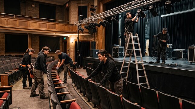 Stage crew setting up lighting and sound equipment in an auditorium theater before a performance