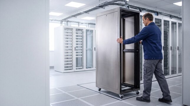 Technician positioning an empty server rack in a data center