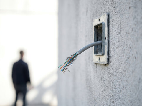 Cut network cable dangling near wall outlet with blurred person