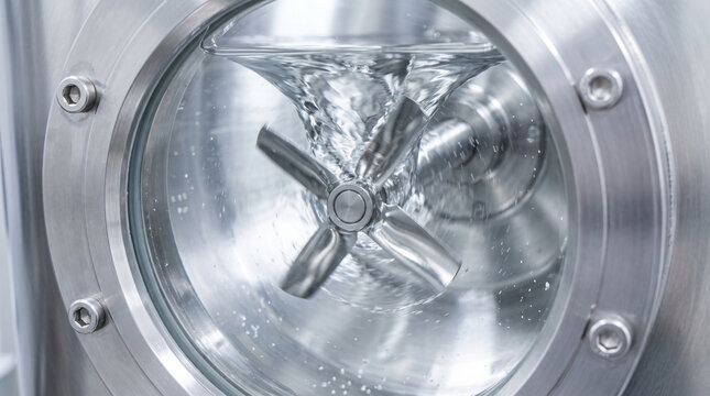 Mixing liquid in vessel with rotating blade inside industrial container creates calm scientific process for pharmaceutical production
