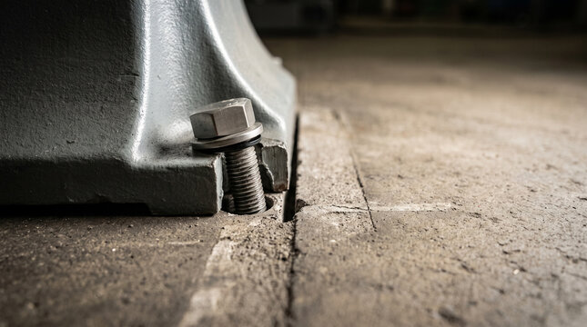 Machine misalignment factory floor bolt gap industrial maintenance uneven heavy equipment metal base technical anxiety concern