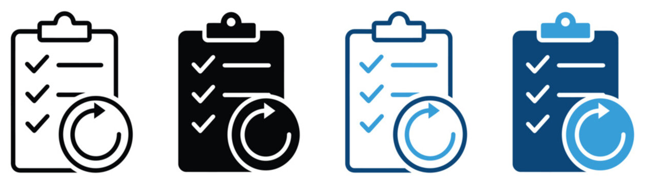 Checklist and task management icon set with refresh symbols for planning, workflow, updates, productivity, and organization.