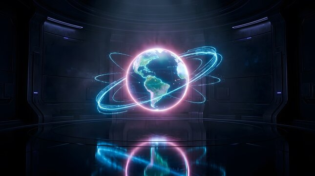 Holographic planet earth globe floating inside dark high tech sci-fi server room with glowing blue energy rings.