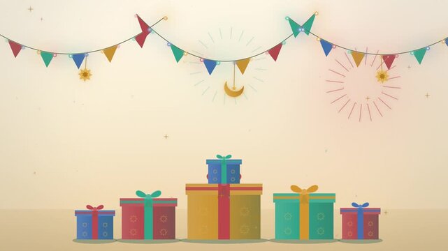 Eid bunting garland and wrapped gifts on cream seamless loop