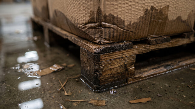 Damaged cardboard box on wooden pallet shows feeling of neglect and frustration inside gloomy industrial storage warehouse floor
