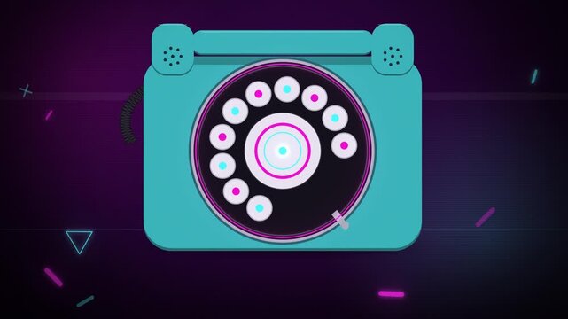 Retro teal rotary phone dial spinning on dark purple seamless loop