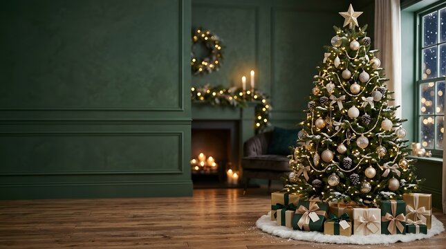 A beautifully decorated christmas scene featuring a glowing fireplace a majestic tree and a warm inviting holiday atmosphere for festive celebrations