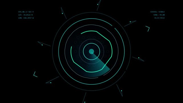 Digital HUD interface element rotating with glowing blue data circles and abstract futuristic waveform on black background