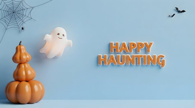 A delightful halloween scene featuring pumpkins a friendly ghost and a flock of birds in a festive arrangement