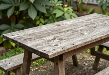 Fototapeta premium Outdoor dining and rustic lifestyle, weathered wooden picnic table in a garden setting for summer gatherings and backyard social events