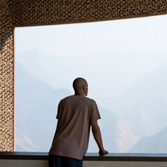 Fototapeta premium Man standing at decorative window overlooking misty mountain view for calm background and travel wallpaper