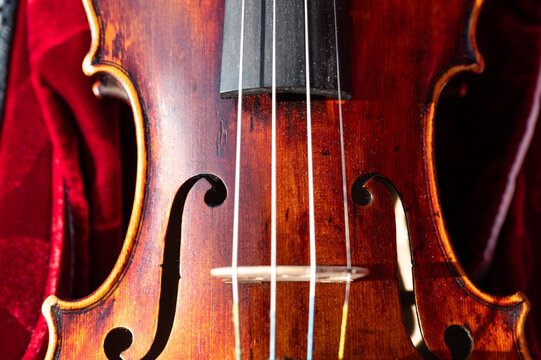 Bridge, strings and soundboard of a Baroque violin