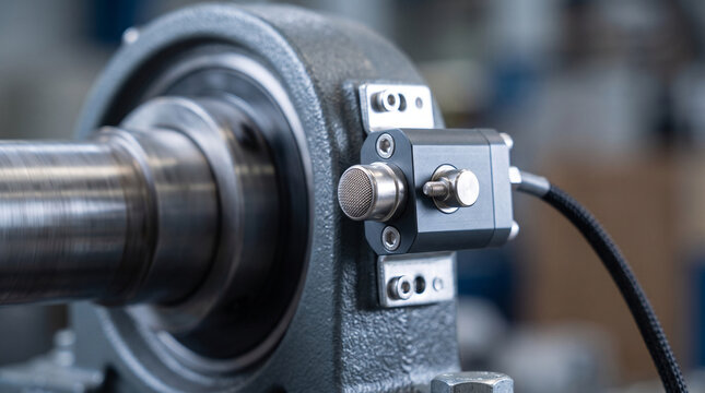 Sensor monitoring vibration analysis equipment installed on heavy industrial metal shaft for reliable predictive maintenance in factory
