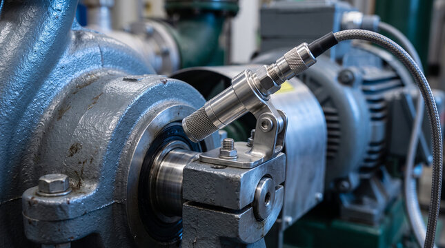 Industrial vibration sensor mounted on machine pump monitoring performance and technical reliability for safe factory operation