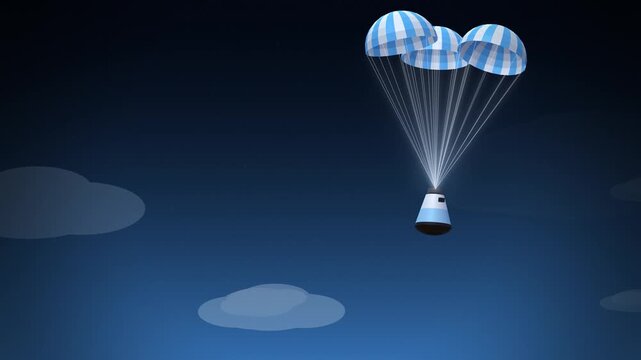 Space capsule parachutes opening above blue clouds during descent