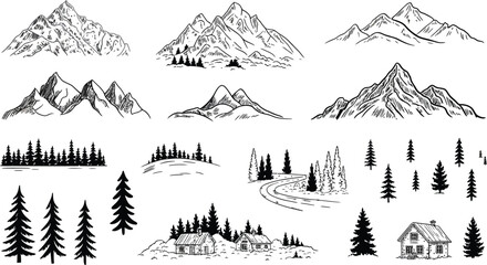 Fototapeta premium Vintage Mountain and Forest Landscape Vector Set with Hand Drawn Pine Trees, Cabins, Peaks, and Hills for Outdoor Adventure and Camping Designs
