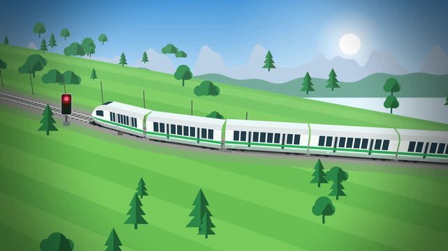 Green train at railway switch in rolling hills seamless loop