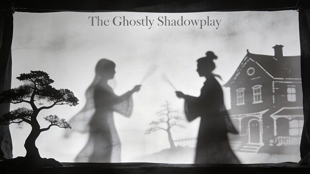 Traditional Shadow Puppet Performance with Figures and House Silhouette