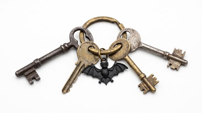 Collection of antique skeleton keys with a bat charm on a white background