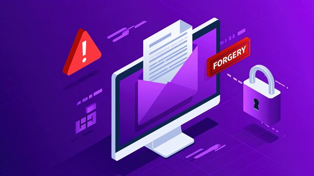 Isometric computer monitor showing email forgery alert and security lock